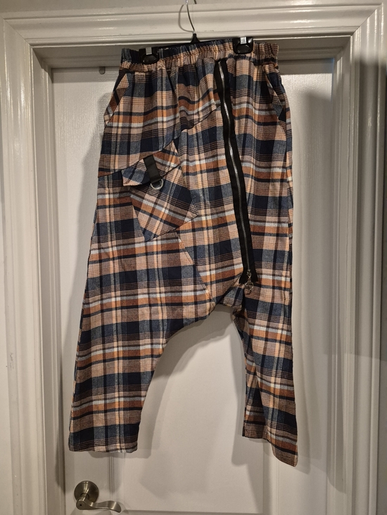 Pants - Womens Plaid Drop-Crotch Pants in Navy & Orange